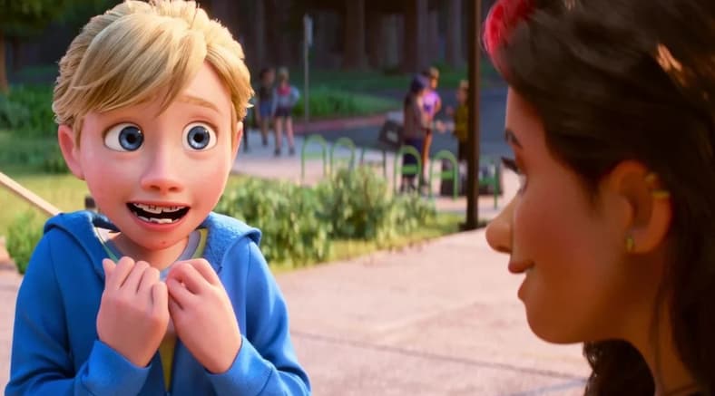 Riley (Kensington Tallman) fan-girls over Val (Lilimar) in Inside Out 2 (2024), Disney/Pixar