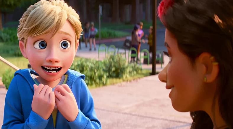 Riley (Kensington Tallman) fan-girls over Val (Lilimar) in Inside Out 2 (2024), Disney/Pixar