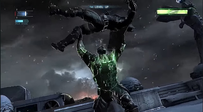 Bane (JB Blanc) breaks the back of Batman (Roger Craig Smith) in Batman: Arkham Origins (2013), Warner Bros. Interactive Entertainment