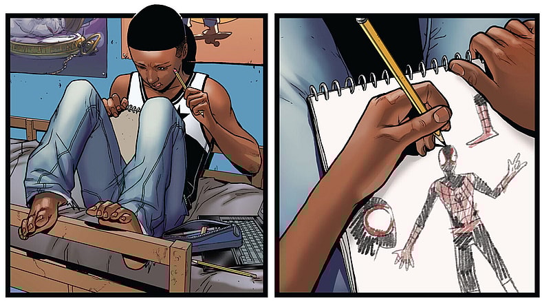 Miles Morales works out a new costume in Ultimate Comics Spider-Man Vol. 1 #4 (2017), Marvel Comics. Words by Brian Michael Bendis, art by Sara Pichelli, David Messina, Justin Ponsor, and Cory Petit.