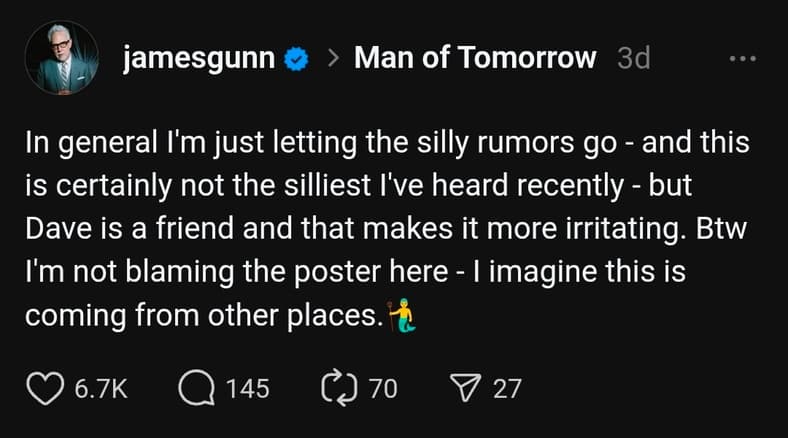 James Gunn (@Jamesgunn) addresses "silly rumors" on Threads