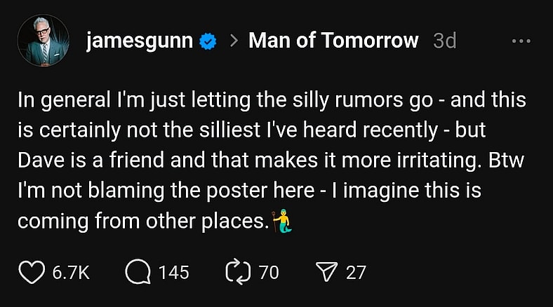 James Gunn (@Jamesgunn) addresses "silly rumors" on Threads
