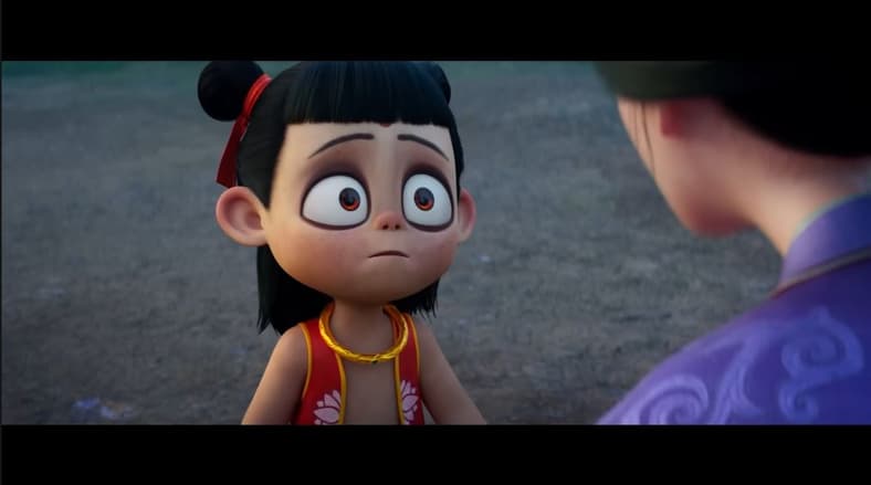 Ne Zha (voiced by Joseph Cao) staring blankly at his mother in Ne Zha 2 (2025), Wei Yunyun/Liu Wenzhang