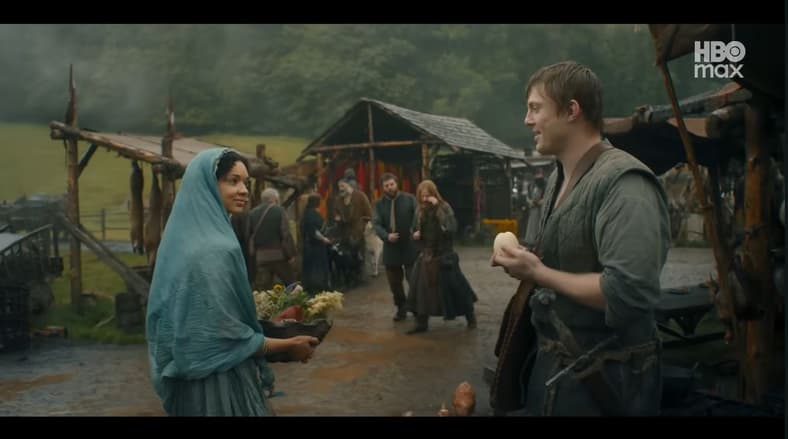 Tanselle too Tall (Tanzyn Crawford) and Duncan the Tall (Peter Claffey) having an awkward moment in A Knight of the Seven Kingdoms S01E03, 2026, HBO