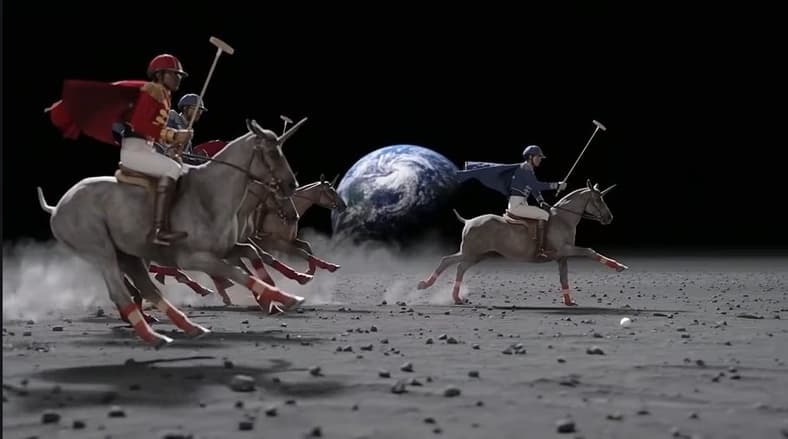 A shot of British Royal Army soldiers riding unicorns in space developed by Sora AI, OpenAI, via YouTube