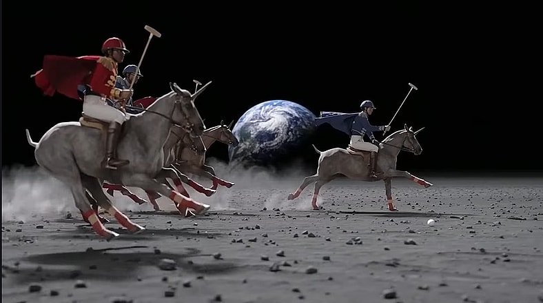 A shot of British Royal Army soldiers riding unicorns in space developed by Sora AI, OpenAI, via YouTube