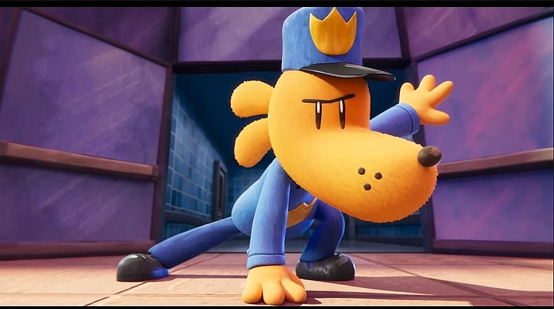 Dog Man (voiced by Peter Hastings) making a karate move while chasing Petey (voiced by Pete Davidson) in Dog Man (2025), Dreamworks Animation