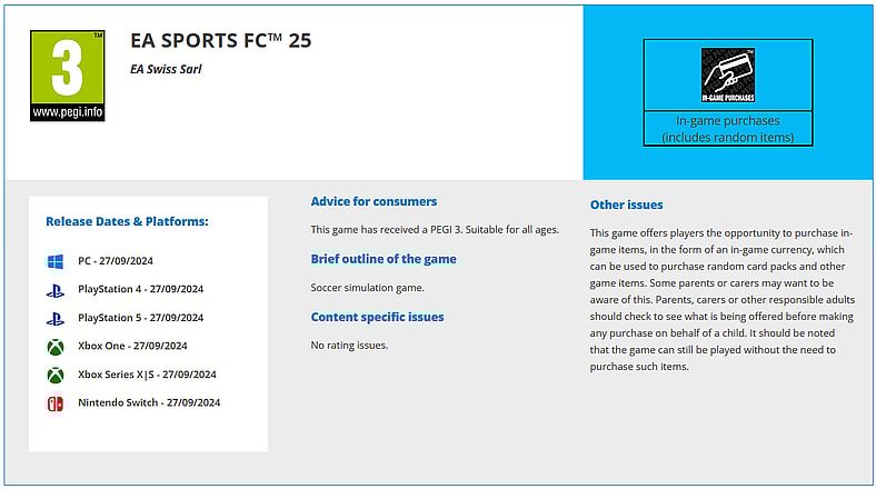 PEGI's listing on EA Sports FC 25 on the PEGI official website