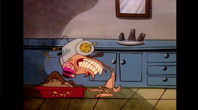 Ren (Billy West) has seen some serious crap in The Ren & Stimpy Show Season 1 Episode 12 "Stimpy's Invention" (1992), Nickelodeon