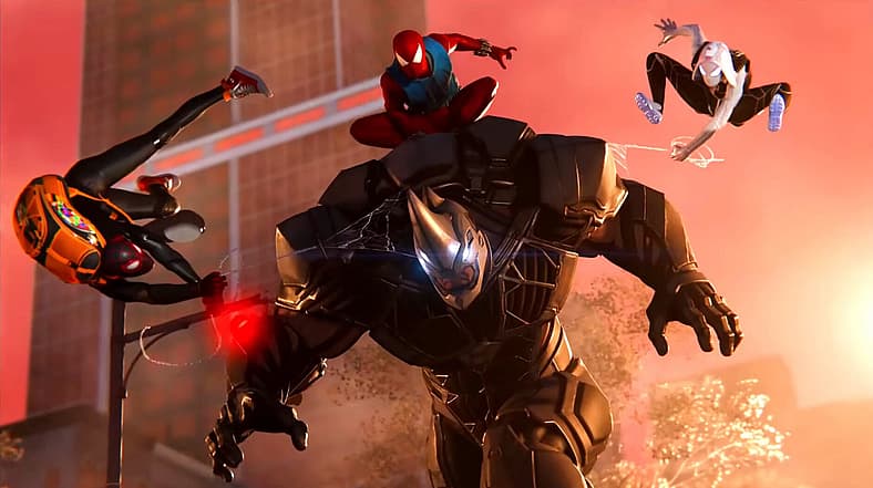 Miles, Ben Reilly, and Gwen Stacy take down Rhino in Spider-Man: Great Web, Insomniac Games