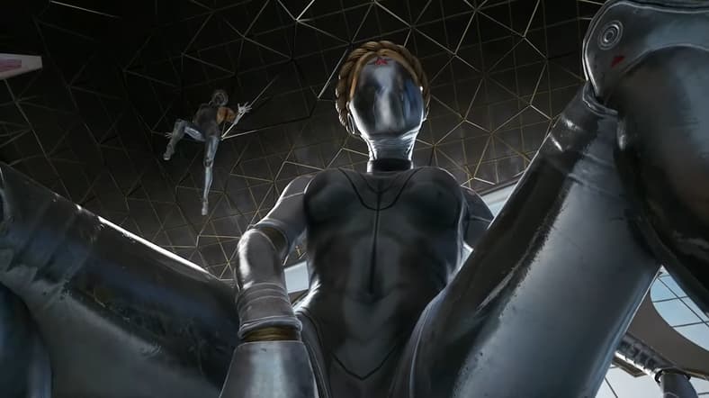 One of the Twins straddles the player, while the other floats above in Atomic Heart (2023), Focus Entertainment