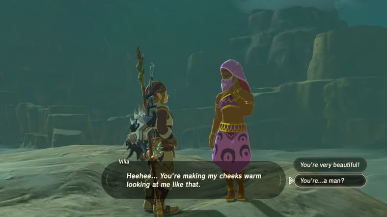 Vilia (TBA) blushes after Link (Kengo Takanashi) stares in The Legend of Zelda: Breath of the Wild (2017), Nintendo