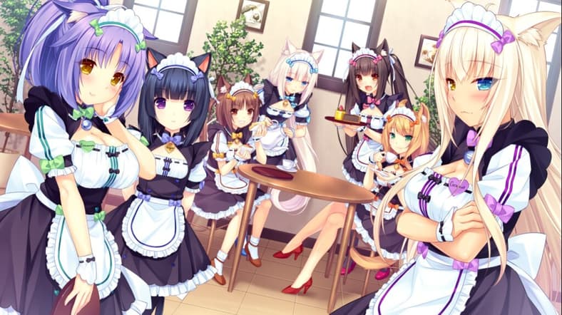 The girls welcome you to La Soleil in NEKOPARA Vol. 1 (2014), Sekai Project