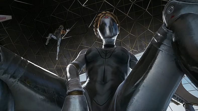 One of the Twins straddles the player, while the other floats above in Atomic Heart (2023), Focus Entertainment