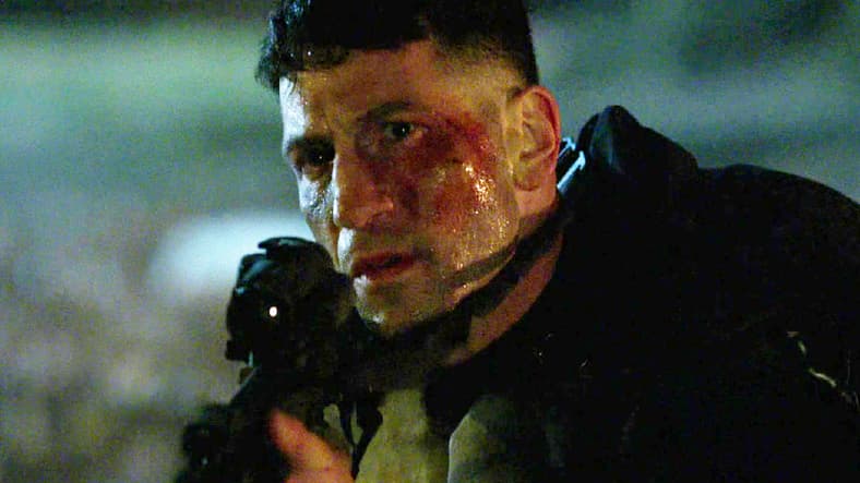 Frank (Jon Bernthal) hunts down Jigsaw (Ben Barnes) in Punisher Season 1 Episode 13 "Memento Mori" (2017), Marvel Entertainment