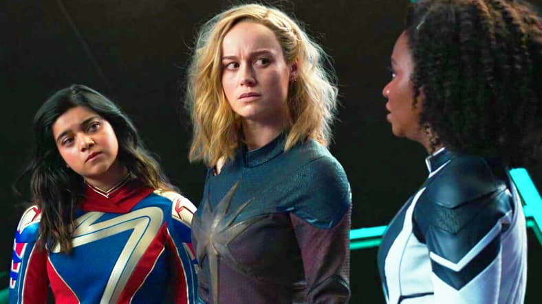 The titular trio scramble to find a way to seal a newly-formed multiverse rift in The Marvels (2023), Marvel Entertainment