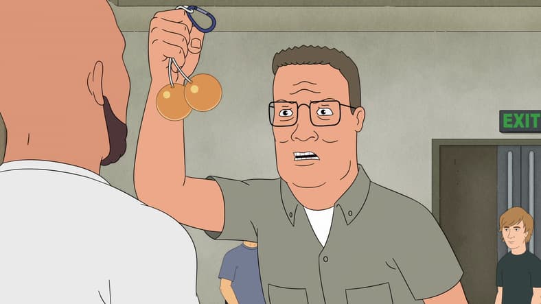 Hank (Mike Judge) refuses to buy the 'alpha male' crap Elias Selwick (Diedrich Bader) is selling in King of the Hill Season 14 Episode 9 "No Hank Left Behind" (2025), Disney/Hulu