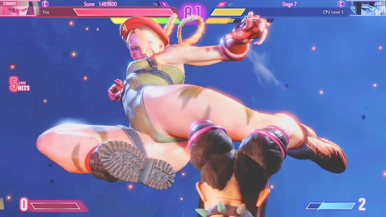 Cammy (Miyuki Sawashiro) prepares to deliver a Delta Red Assault to Juri (Eri Kitamura) in Street Fighter VI (2023), Capcom