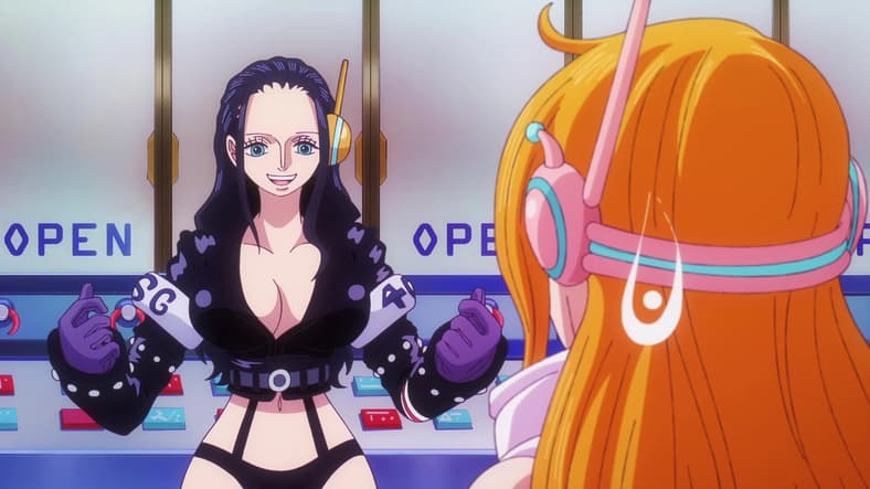 Robin (Yuirko Yamaguchi) and Nami (Akemi Okamura) revel in their new Egghead Island fits in One Piece Episode 1094 "The Mystery Deepens! Egghead Labophase" (2024), Toei Co. Ltd.