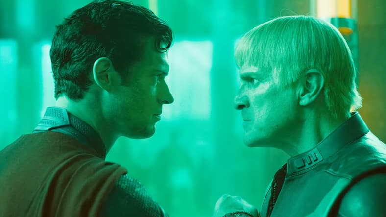 Guy Gardner (Nathan Fillion) steps up to Superman (David Corenswet) in Superman (2025), DC Studios
