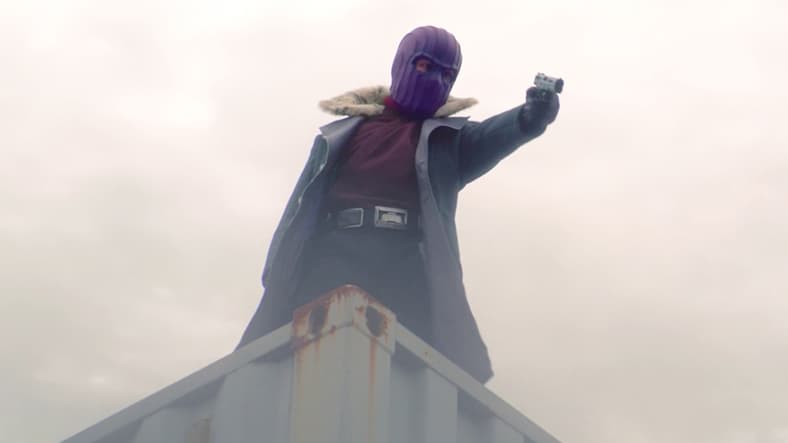 Zemo (Daniel Brühl) takes aim at a group of Flagsmashers in The Falcon and The Winter Soldier Season 1 Episode 3 "Power Broker" (2021), Marvel Entertainment