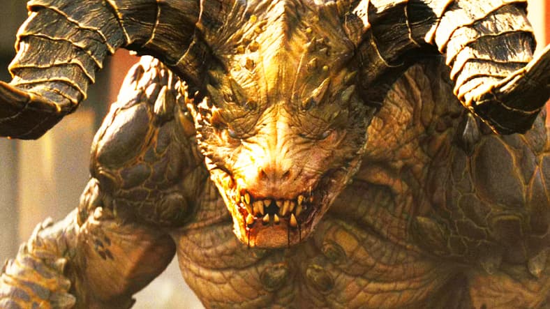 A Deathclaw sets its sights on Maximus (Aaron Moten) and The Ghoul (Walton Goggins) in Fallout Season 2 Episode 7 "The Handoff" (2026), Amazon