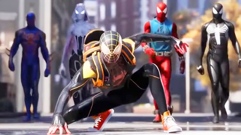 Miles Morales (Nadji Anthony Jeter) receives some back-up from Spider-Man 2099 (N/A), Ghost-Spider, the Scarlet Spider, and Spider-Man (Yuri Lowenthal) in Spider-Man: Great Web (Cancelled), Insomniac Games