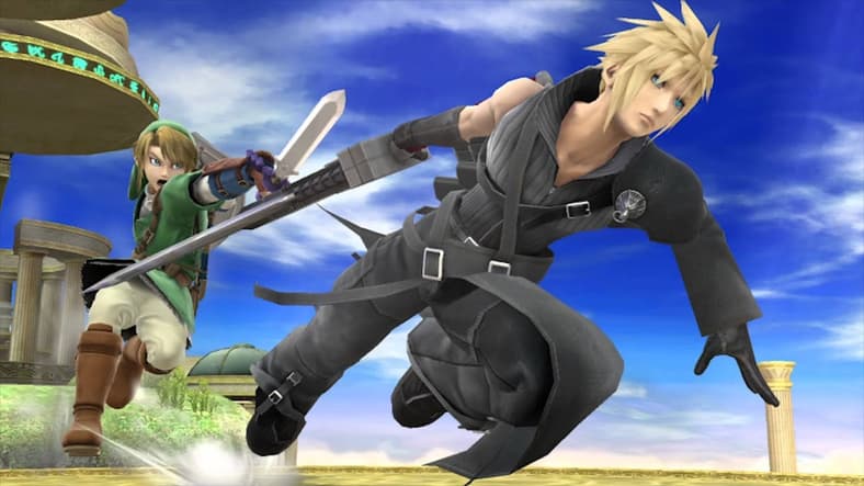 Link (Kengo Takanashi) attempts to chase down Cloud (Takahiro Sakurai) in Super Smash Bros. Ultimate (2018), Nintendo