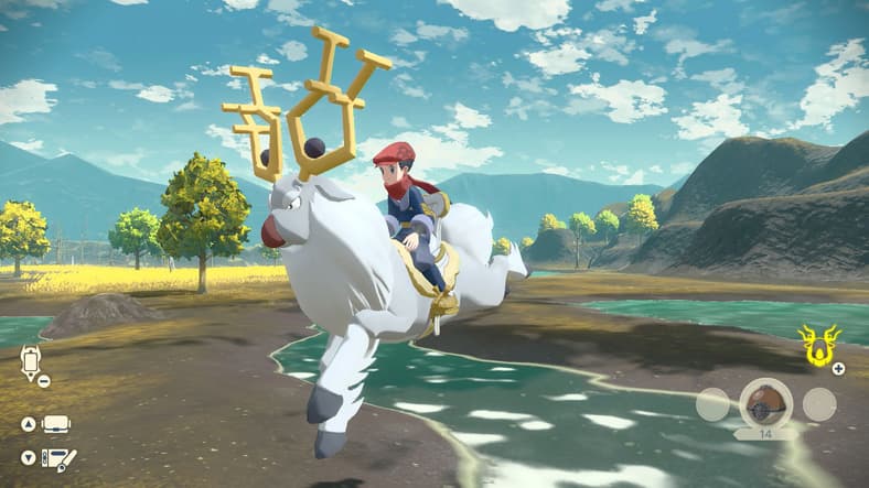 The player leaps across a small river on Wyrdeer in Pokémon Legends: Arceus (2022), Nintendo