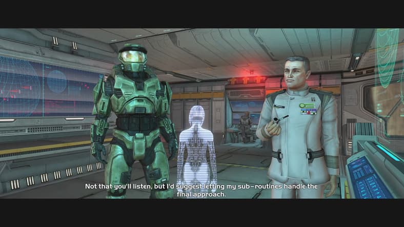 Cortana (Jen Taylor) prepares to land the Pillar of Autumn in Halo (2001), Bungie