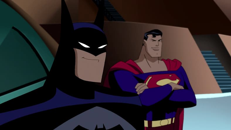 Batman (Kevin Conroy) and Superman (George Newbern) are amused, Justice League Unlimited Season 3