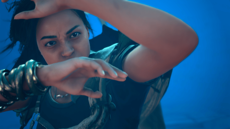 Freya (Ella Balinska) braces herself against the winds of Athia in Forspoken (2023), Square Enix