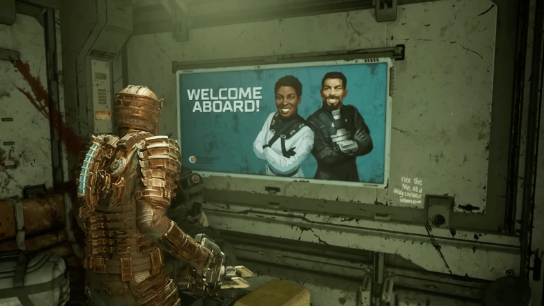 Isaac Clarke checks out a recruitment poster in Dead Space (2023), Electronic Arts