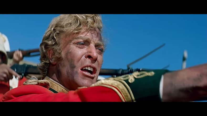 Lt. Gonville Bromhead (Michael Caine) orders his troops to fire in Zulu (1964), Diamond Films