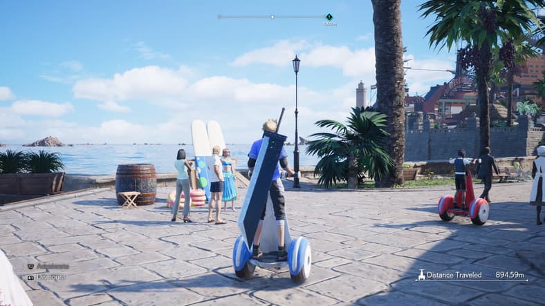 Cloud Strife (Takahiro Sakurai) cruises the streets of Casta Del Sol in Final Fantasy VII Rebirth (2023), Square Enix