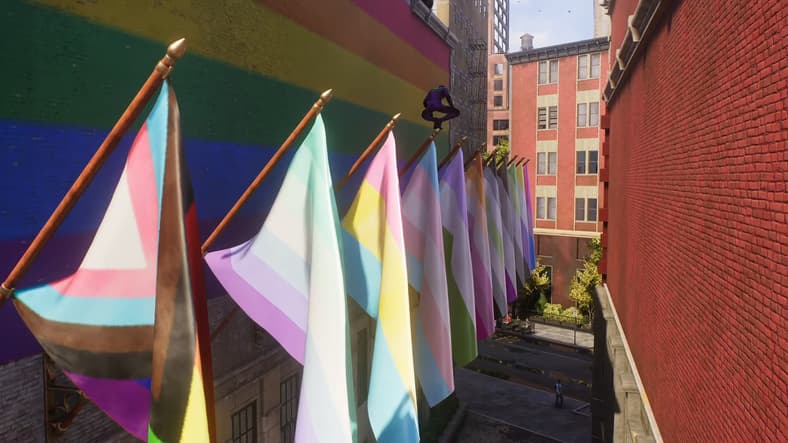 Miles Morales perches on Pride Flags in Marvel's Spider-Man 2 (2023), Insomniac Games