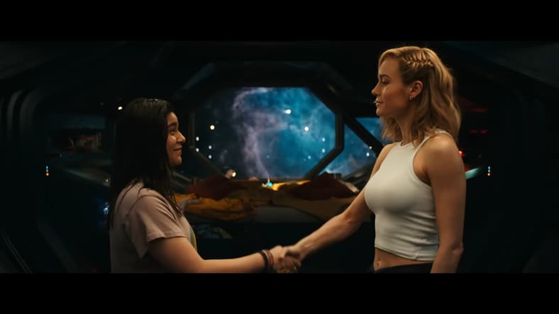 Ms. Marvel (Iman Vellani) introduces herself to Captain Marvel (Carol Danvers) in The Marvels