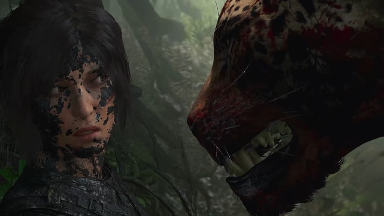 Lara Croft (Camilla Luddington) faces a hungry jaguar in Shadow of the Tomb Raider (2018)