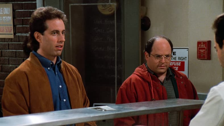 Jerry and George order soup from the Soup Nazi in Seinfeld Season 6 Episode 7 "The Soup" (1994), NBC