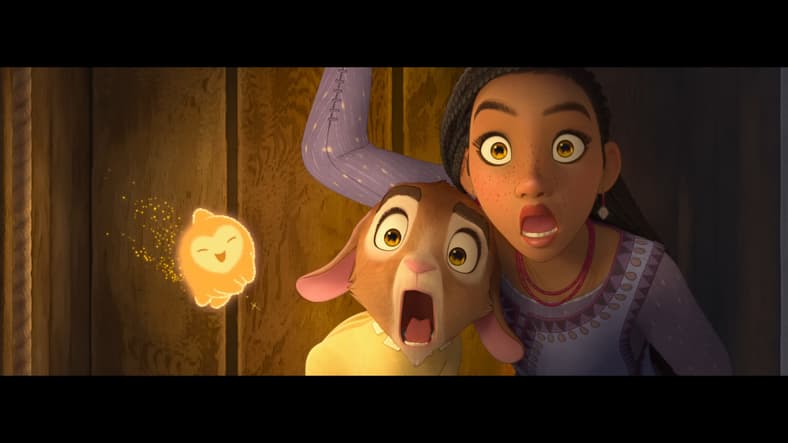 Asha (Ariana DeBose) and Valentino (Alan Tudyk) find themselves in trouble in Wish (2023), Disney
