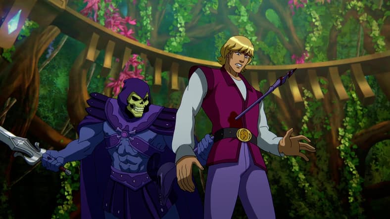 Skeletor (Mark Hamill) runs a spear through Prince Adam (Chris Wood) in Masters of the Universe