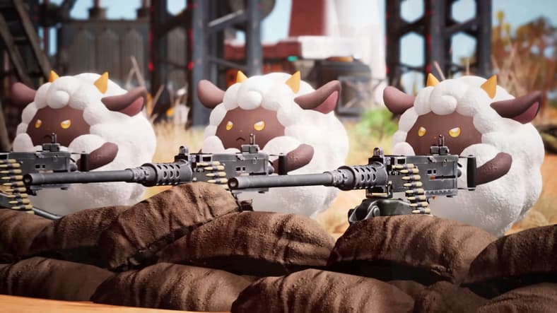 A trio of Lamball take up defensive positions in Palworld (2024), Pocket Pair Inc.