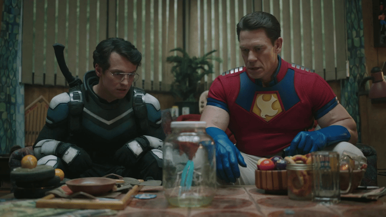 Vigilante and Peacemaker stare at Butterfly catch in Peacemaker Season 1 Episode 6 (2021), Warner