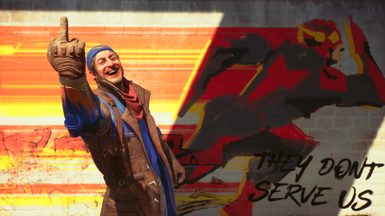 Captain Boomerang (Daniel Lapaine) flips off camera in Suicide Squad: Kill the Justice League