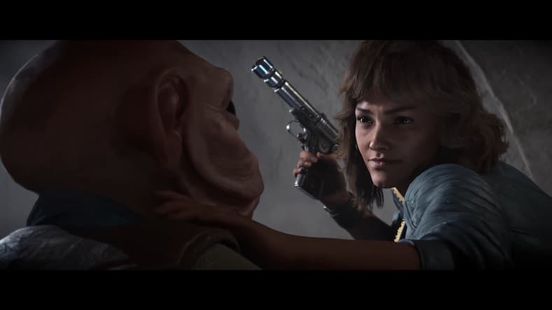 Kay Vess (Humberly González) about to pistol whip a Sullustan in Star Wars Outlaws (2024), Ubisoft