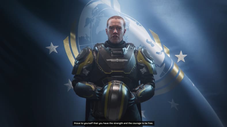 A Helldiver sounds the call for new recruits in Helldivers 2 (2024), Arrowhead Game Studios