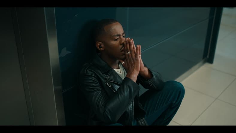 The Doctor (Ncuti Gatwa) finds himself backed into a corner by Triad Technology in Doctor Who Series 14 Episode 7 "The Legend of Ruby Sunday" (2024), BBC