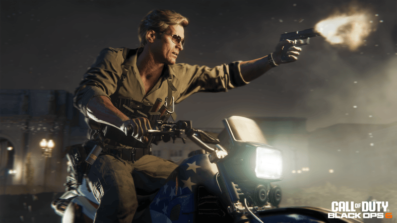 Russell Adler fires his pistol while riding a motorcycle in Call of Duty: Black Ops 6 (2024)