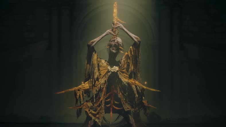 Undead attempts to remove blade from his eye in Elden Ring: Shadows of the Erdtree (2024), FromSoft