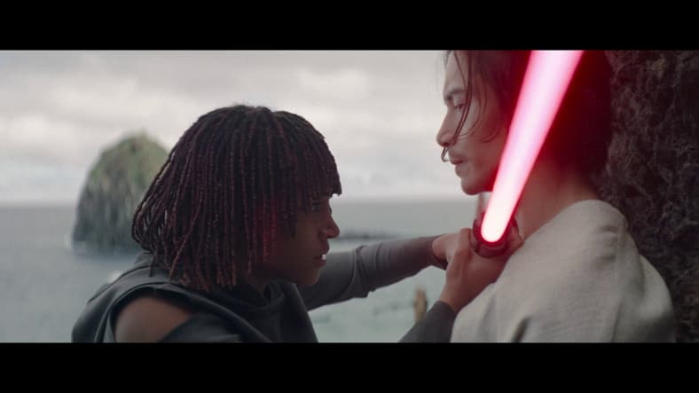 Osha brings Qimir's lightsaber to his throat in The Acolyte Season 1 Episode 6 (2024), Disney